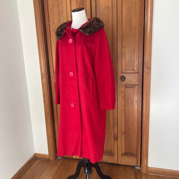 Vintage Penn Craft Red Wool Coat With Fur Collar, Size S/M - Picture 4 of 10